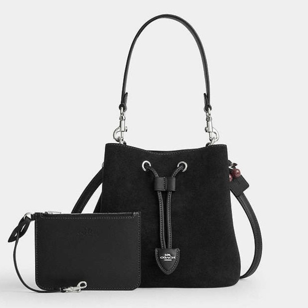NWT Coach Rowan Black‎ Suede Bucket Crossbody Bag